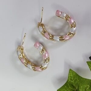 Gold Hoop Earrings with Pink and White New